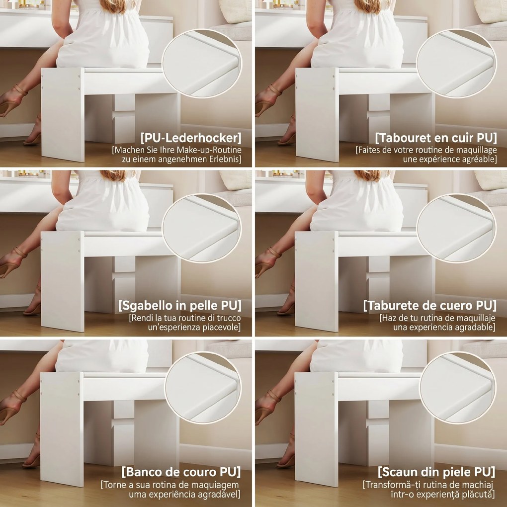HOMCOM Masă de Machiaj cu Oglindă, 8 Lumini LED, Scaun și 7 Sertare Alb | Aosom Romania