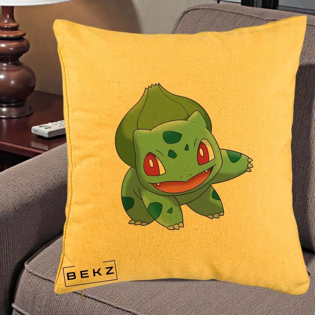 Perna Personalizata Bulbasaur Pokemon, 40x40 cm, Galben, Husa Detasabila, Perna Inclusa, BEKZ®