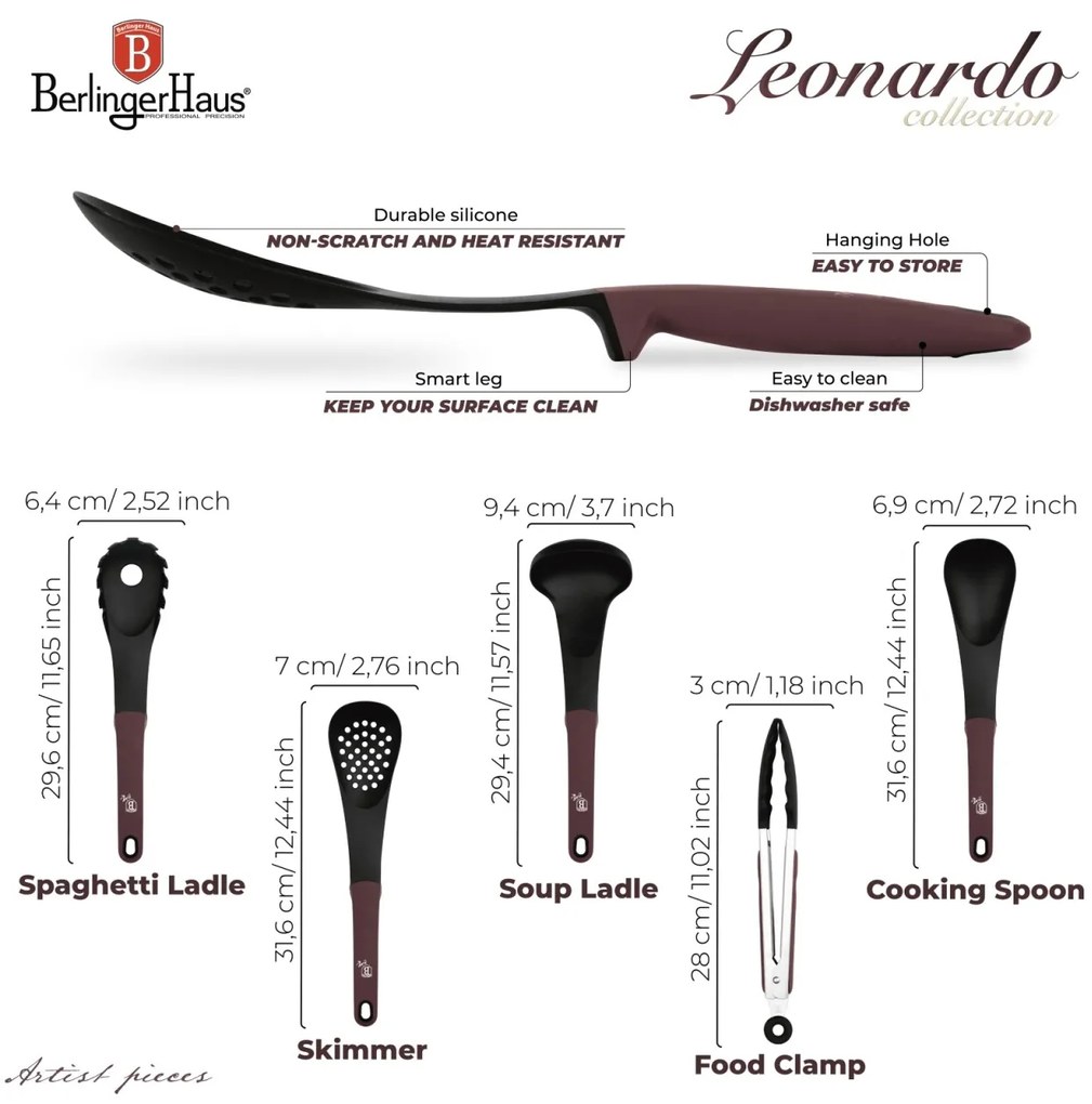 Set ustensile bucatarie 5 piese Leonardo Berlinger Haus BH 6337, visiniu