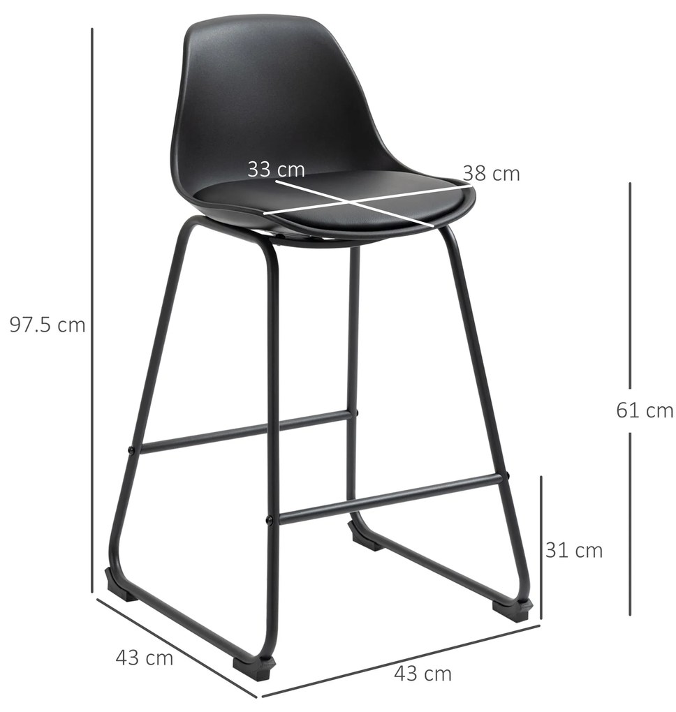 Scaune de bar, set din 2 piese cu scaun tapitat cu Protectie anti-alunecare, PU si otel, 43x43x97,5cm, negru HOMCOM | Aosom RO