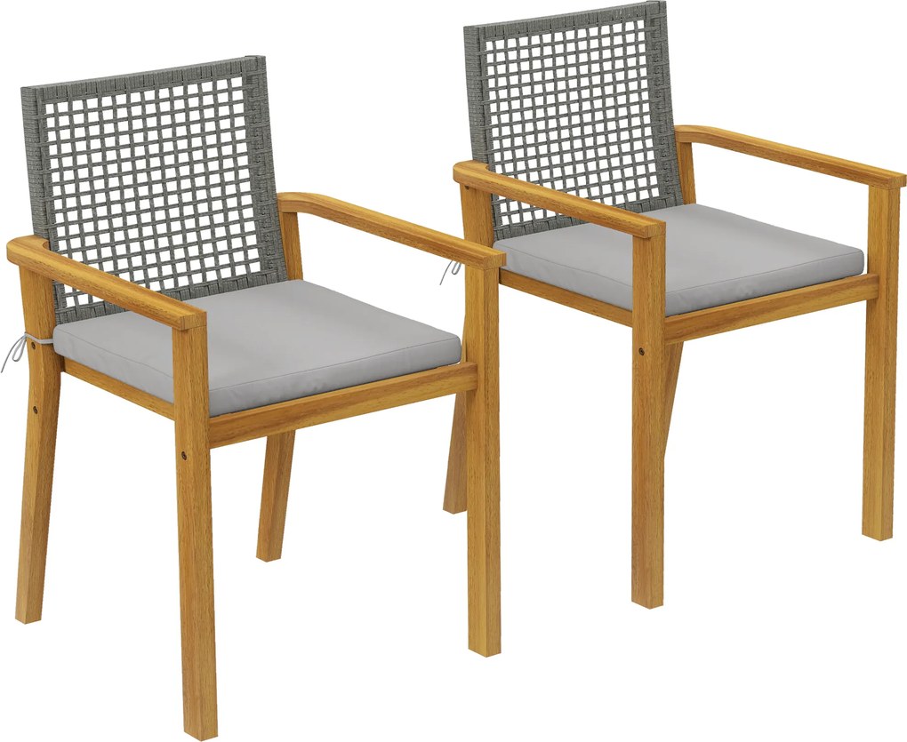 Outsunny Scaune de grădină set 2 buc. Lemn de acacia certificat FSC Stivuibile Scaune din lemn cu spătar din rattan Perne detașabile Cotiere | Aosom Romania