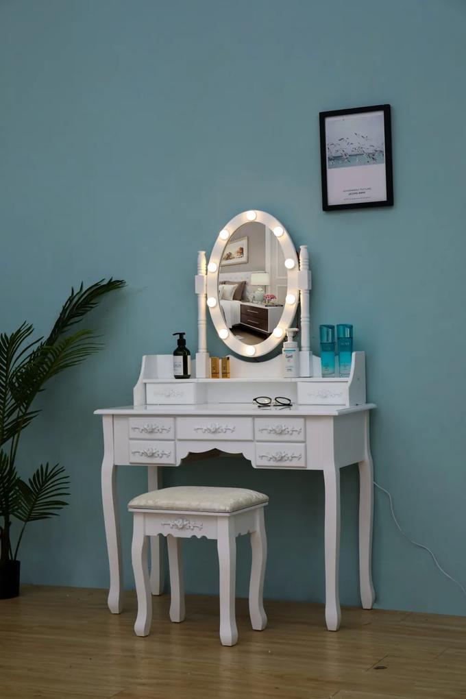Set Julia, Masă de toaletă cu oglindă iluminată LED, control touch, 7 sertare, scaun, Alb