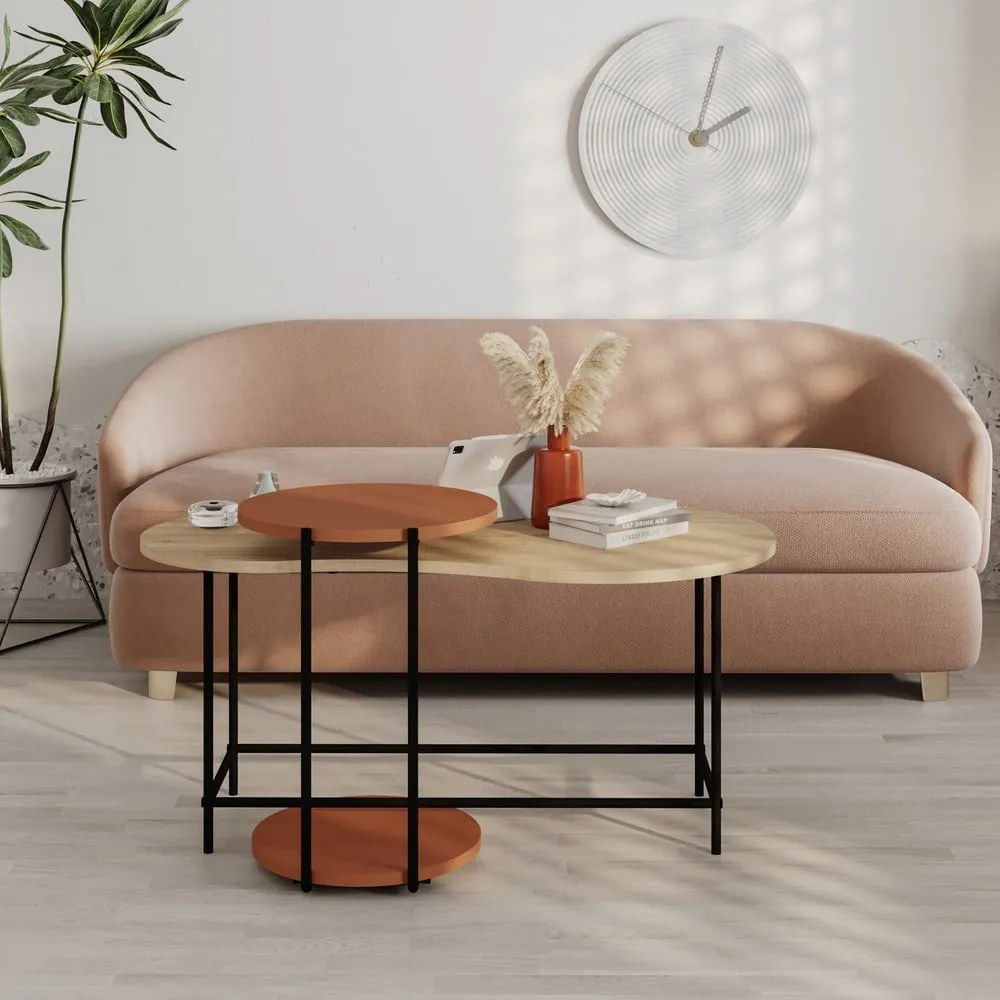 Măsuțe de cafea cărămizii/în culoare naturală 2 buc. cu blat cu aspect de lemn de stejar 65x103 cm Rosie – Marckeric