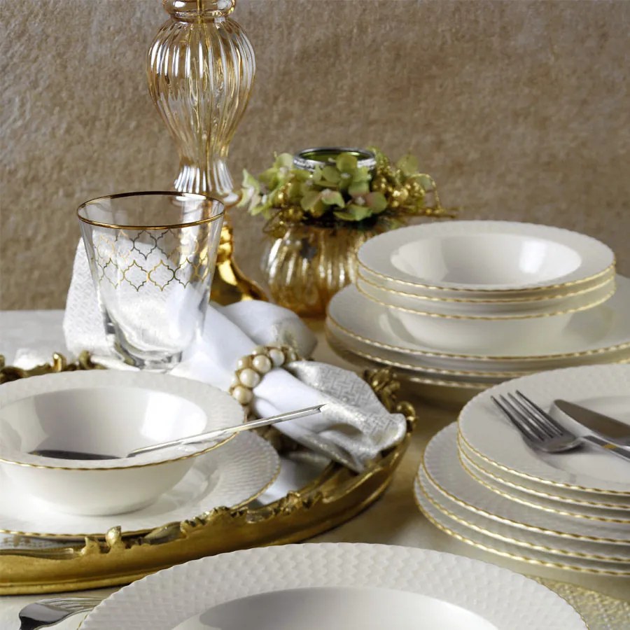 Serviciu de masa, Portelan, 24 de Piese, Culoare Alb / Auriu, 710KTP2490