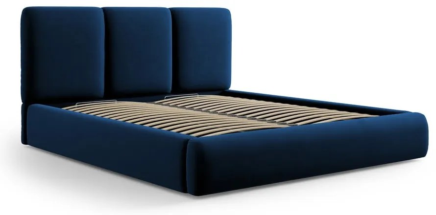 Pat matrimonial albastru închis tapițat din catifea cu spațiu de depozitare cu somieră 200x200 cm Brody – Mazzini Beds
