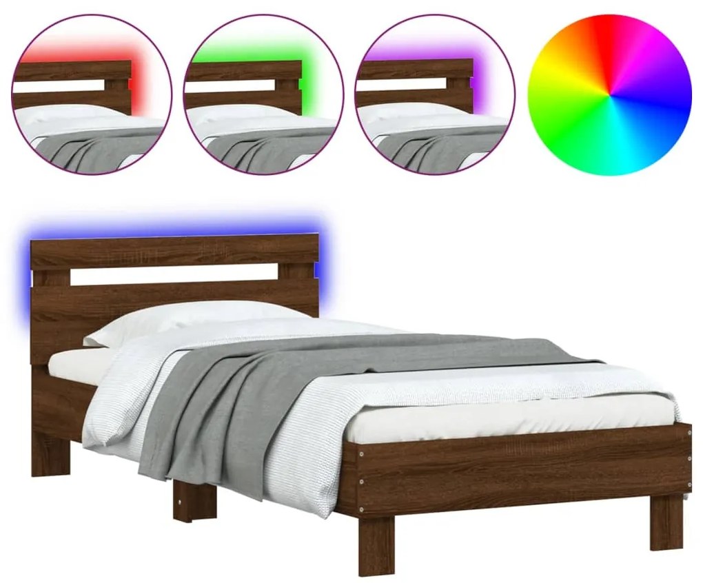 838721 vidaXL Cadru de pat cu tăblie și lumini LED, stejar maro, 90x200 cm
