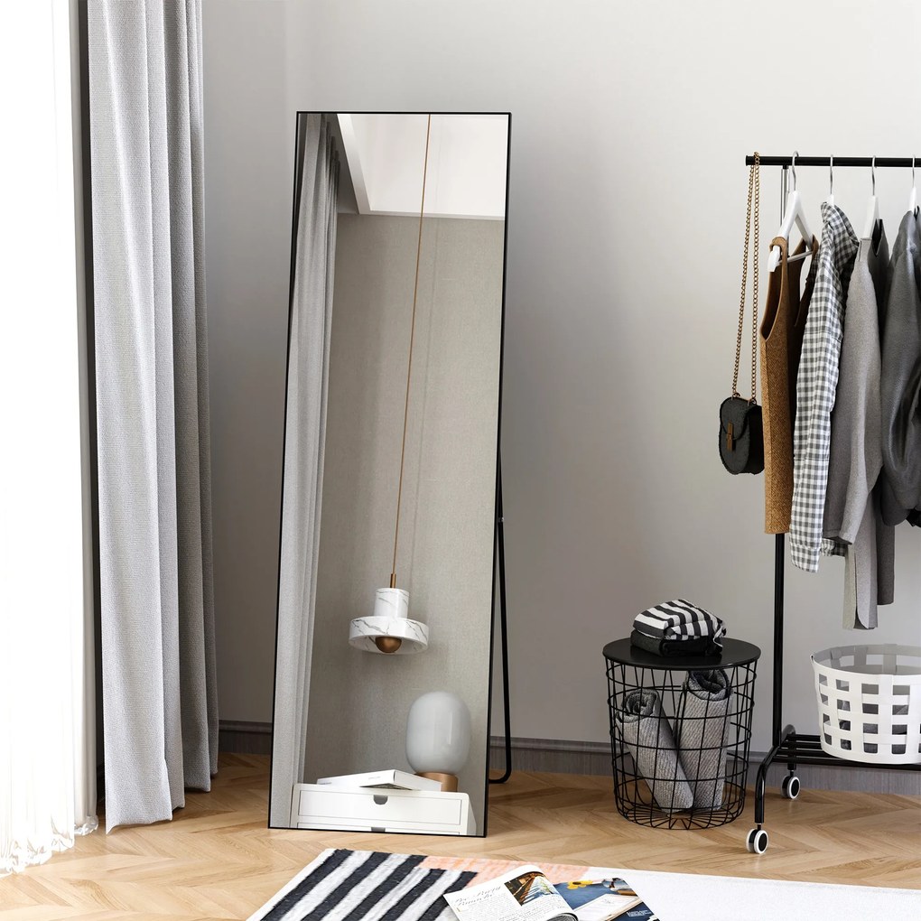 HOMCOM Oglindă Verticală de Perete sau de Podea din Metal și Aliaj de Aluminiu, 50x2x161.5 cm, Negru | Aosom Romania