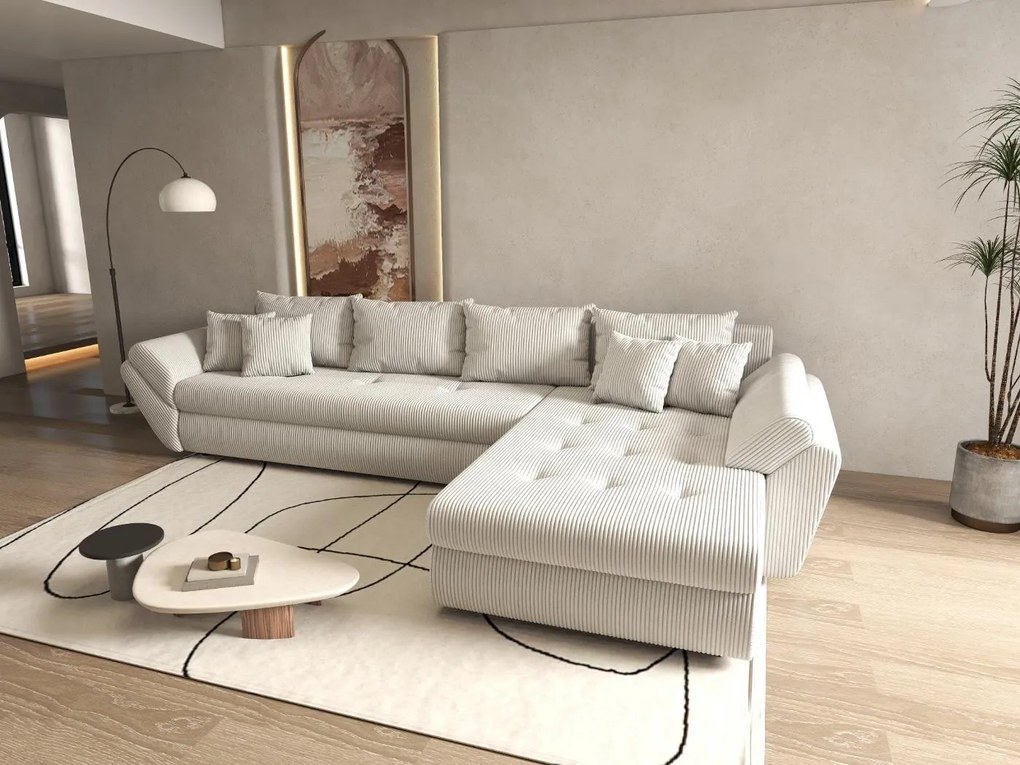 Colțar extensibil dumonde cu ladă de depozitare si sezut confortabil din spuma high-density, Loana XL Zoom Cream II 335x185 cm