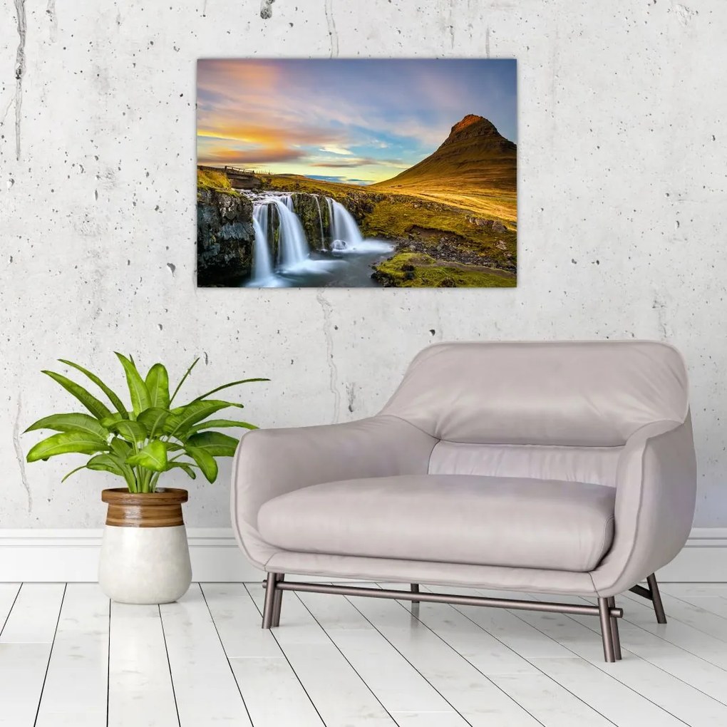 Tablou pe sticlă cu munții și cascade pe Islanda (70x50 cm)