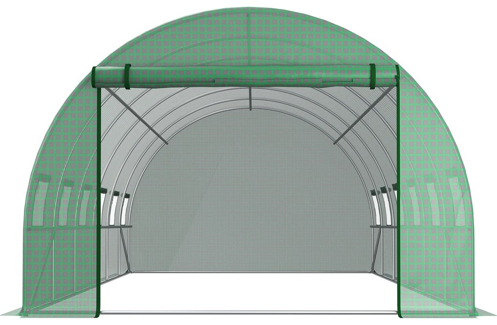 Prelată de seră Outsunny din PE cu 12 ferestre, ușă rulantă și margini îngropate, 6x3x2 m, de culoare verde | Aosom Romania