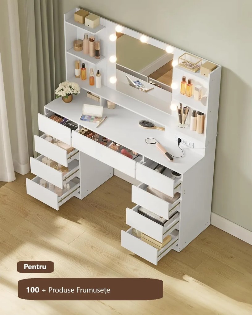 Masuta machiaj cu Oglinda LED si 9 Sertare pentru Cosmetice, Set Masa toaleta 107 cm, Alb, masuta cosmetica, vanity - SEA15