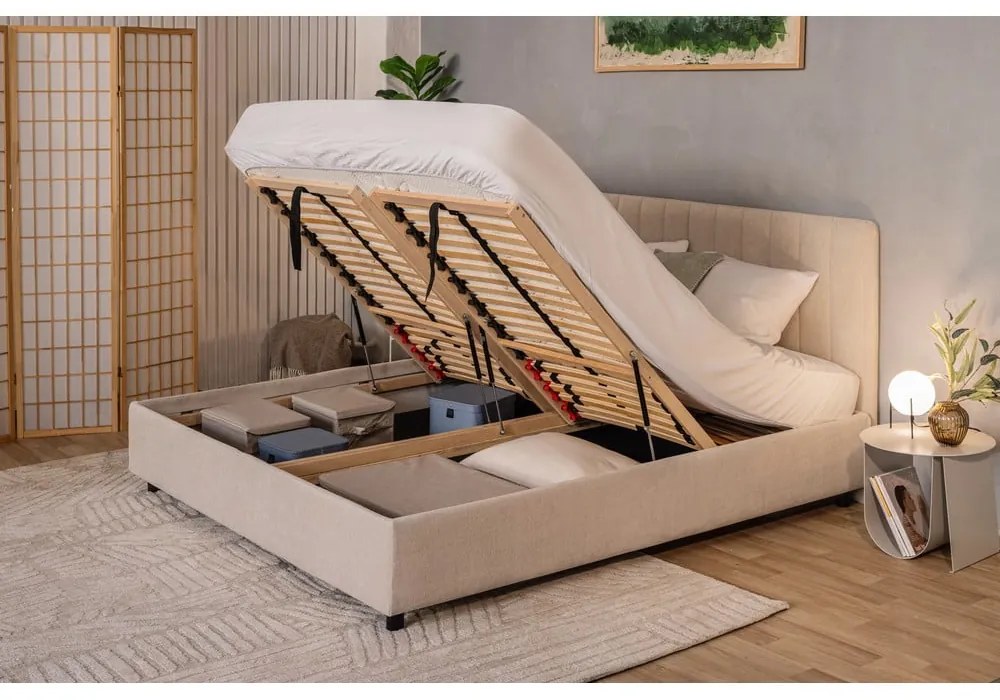 Pat matrimonial bej tapițat cu spațiu de depozitare cu somieră 180x200 cm Myra Slim Line – Bonami Selection