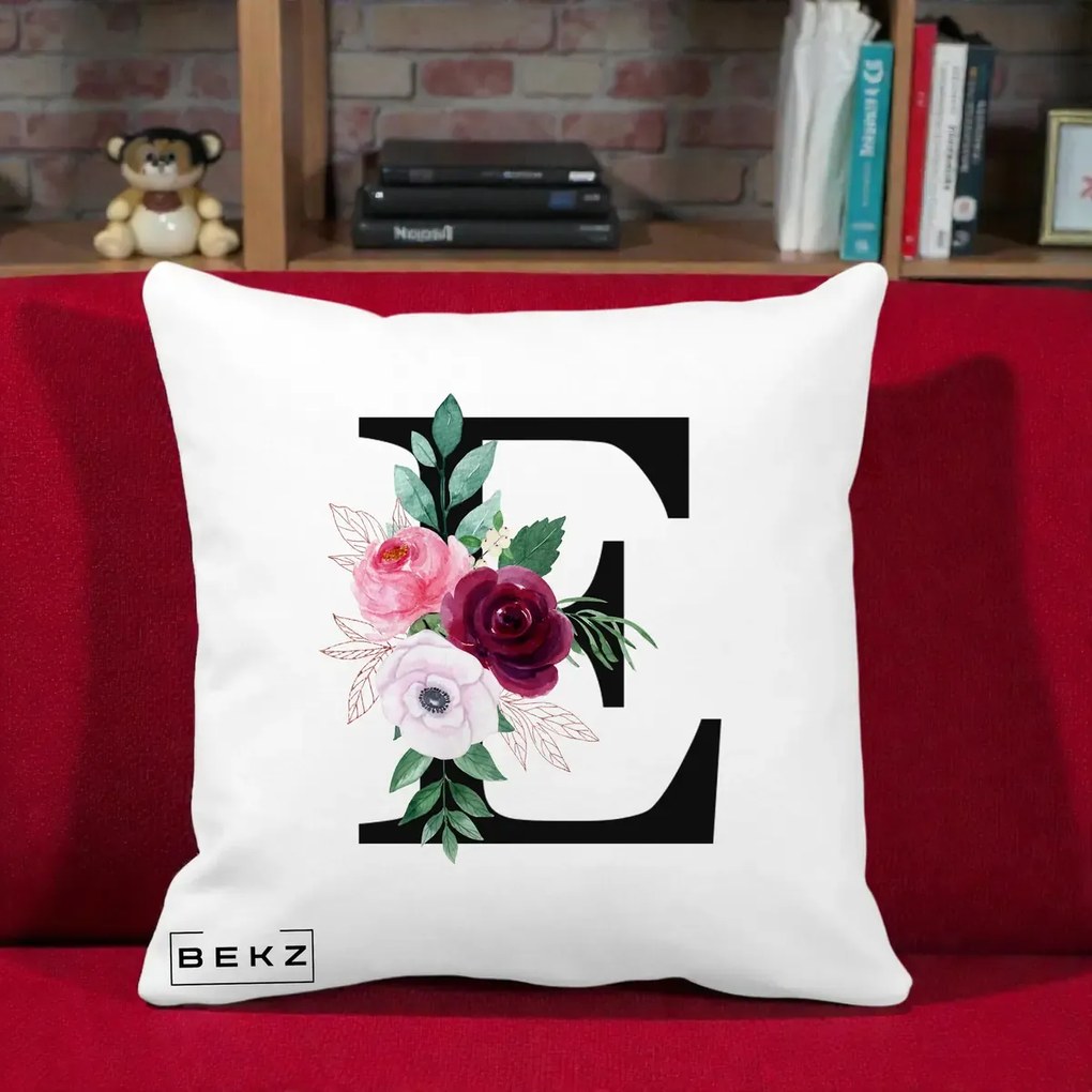Cadou Personalizat - Perna Personalizata Monograma Florala Litera E, 40x40 cm, Alba Mata, Husa Detasabila, Perna Inclusa, BEKZ®