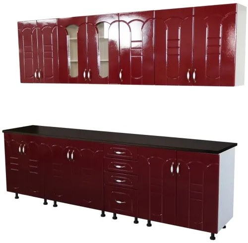 Bucatarie Zebra 260 cm din MDF Rosu Tulip cu blat termoizolant imitatie negru