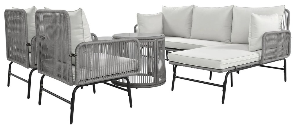 Set de lounge de grădină din 6 piese, frânghie împletită manual cu cadru din fier, 2x fotolii, 2x canapele cu 2 locuri și 2x mese, Gri