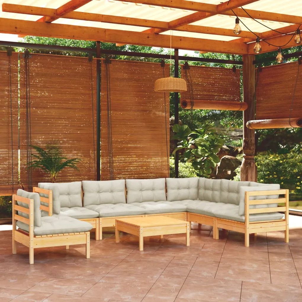 3096725 vidaXL Set mobilier de grădină cu perne crem, 8 piese, lemn masiv pin