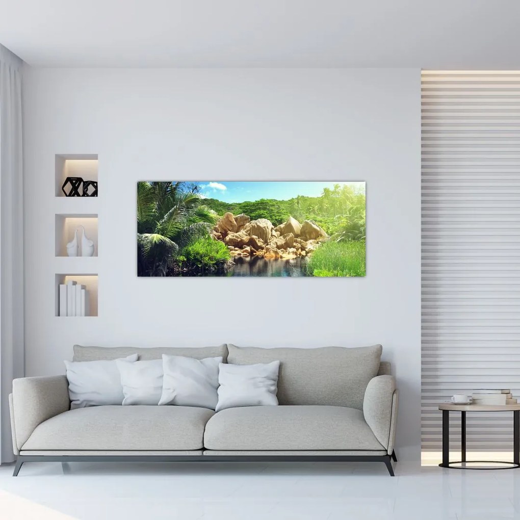 Tablou cu lac în jungla din Seychelles (120x50 cm)