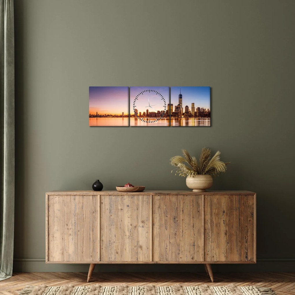Tablou cu oraș în apus de soare (cu ceas) (90x30 cm)