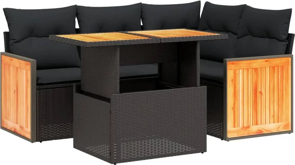 vidaXL Set mobilier de grădină cu perne, 5 piese, negru, poliratan