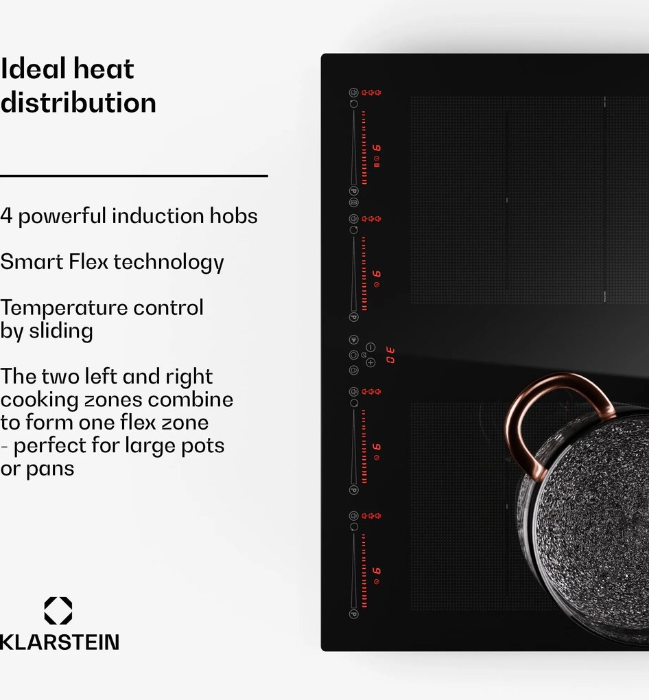 Klarstein Masterzone 60 Flex, plită cu inducție, max. 9600 W, încorporat, 4 zone Flex, tehnologie ThermoBoost, Smart Flex