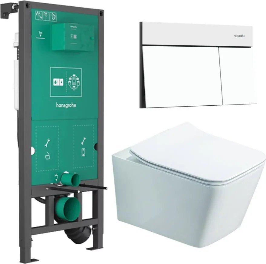 Rezervor incastrat Hansgrohe iFrame 112 cm cu clapeta iFrame Element E alb mat plus vas WC Rune Jord alb cu capac softclose