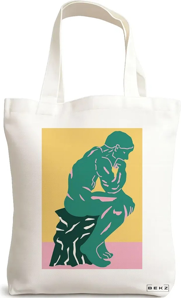 Sacosa de Panza pentru Cumparaturi, Geanta Tote, model The Thinker, 38x34.5 cm, Alba, BEKZ®