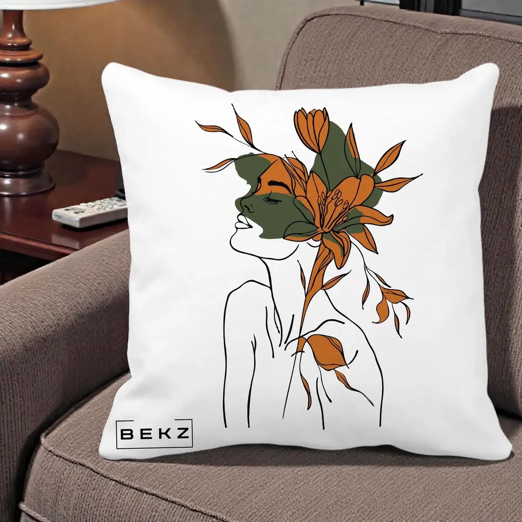 Perna Decorativa Portret Feminin Crin Auriu, 40x40 cm, Alba Mata, Husa Detasabila, Perna Inclusa, BEKZ®