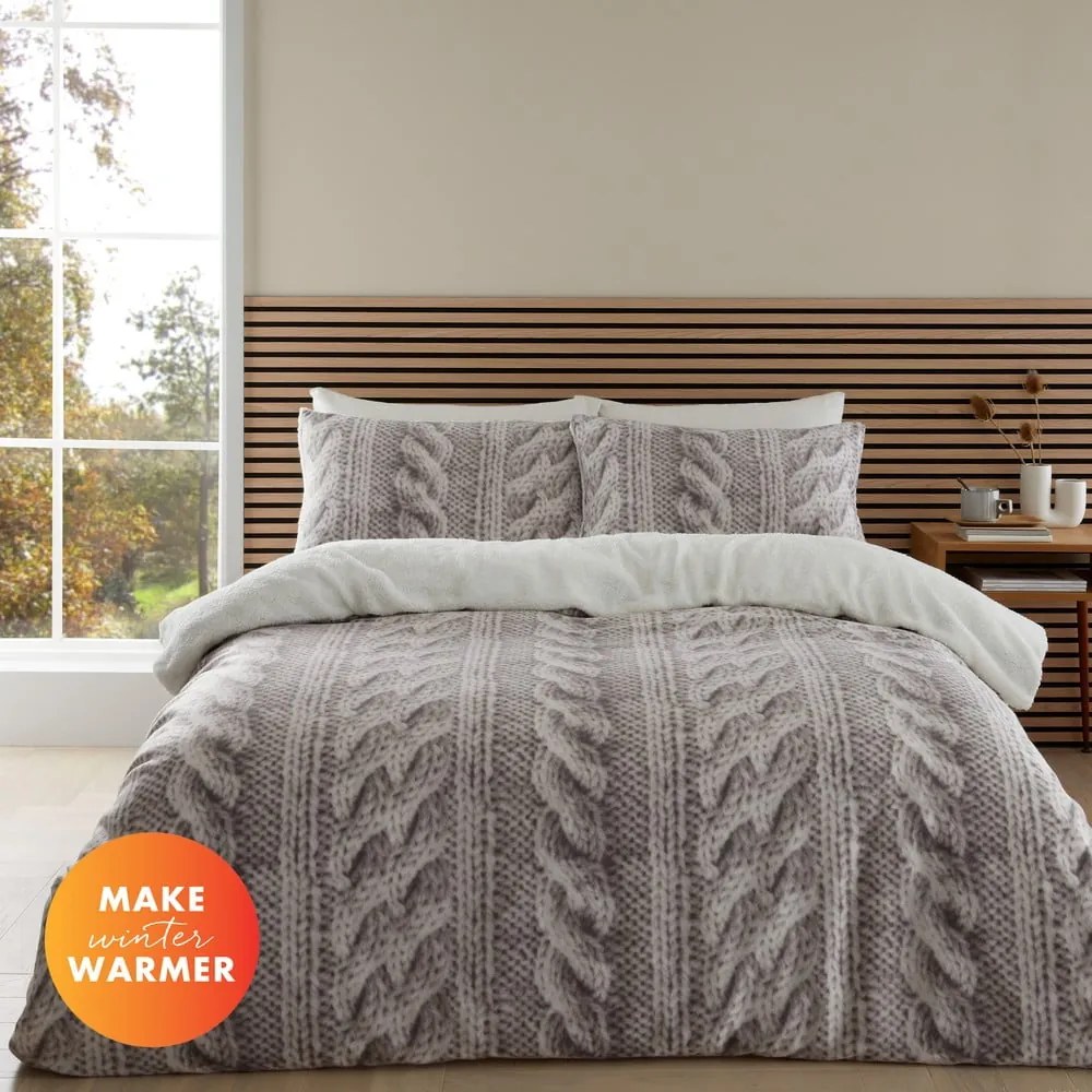 Lenjerie de pat bej din micropluș pentru pat dublu-extinsă 230x220 cm Cable Knit – Catherine Lansfield