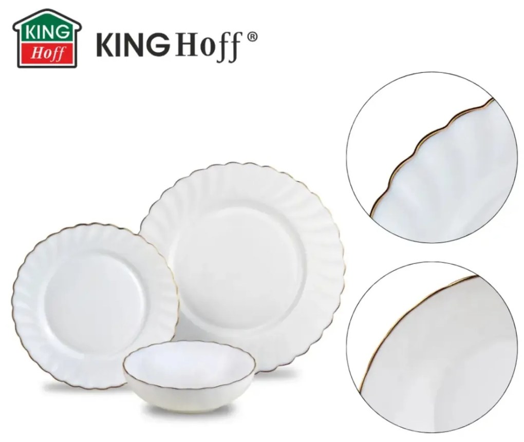 Set farfurii 18 piese, opal, alb cu auriu Kinghoff KH-1921