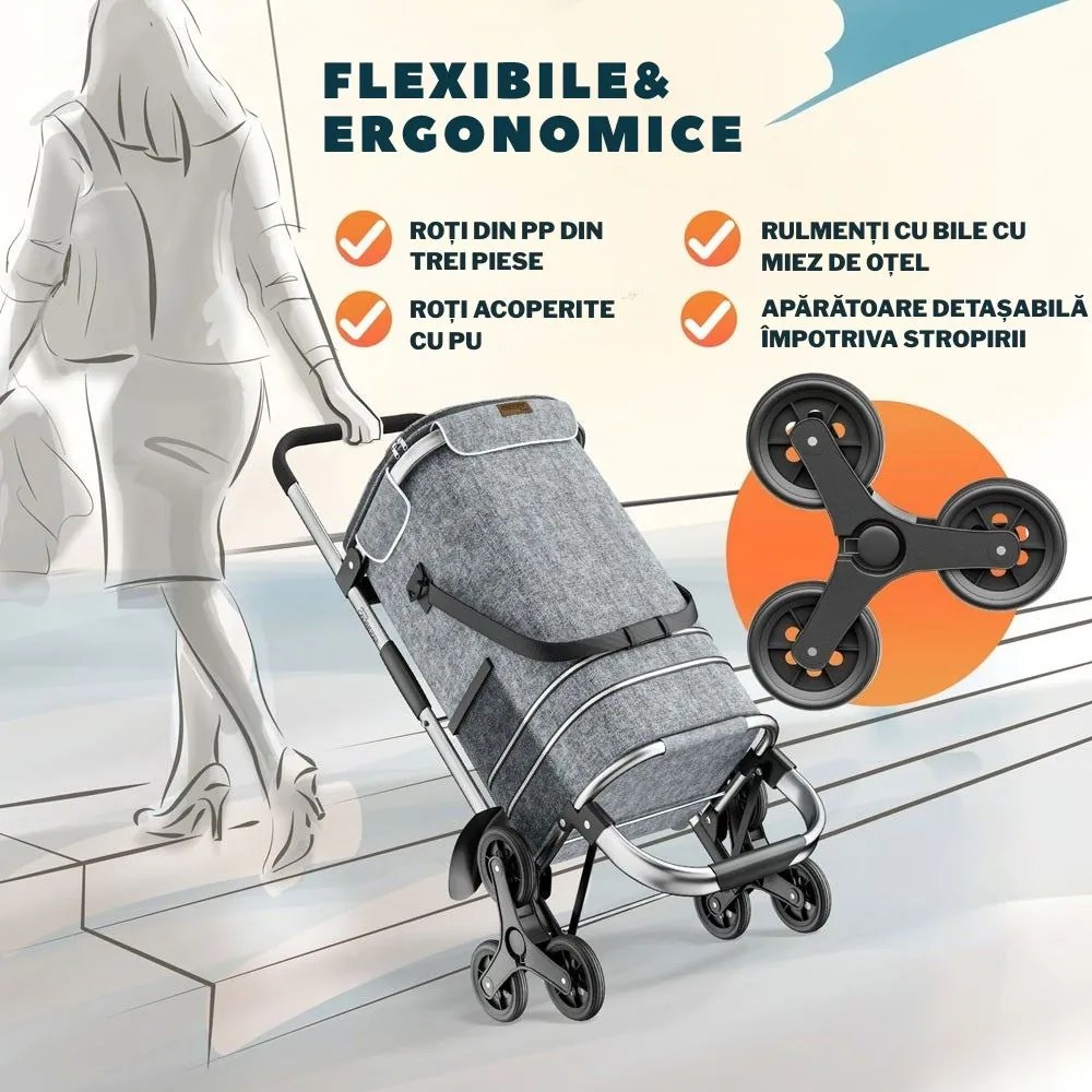 Geantă de cumpărături pe roți pentru scări COMFORT, 50L, gri Jurhan