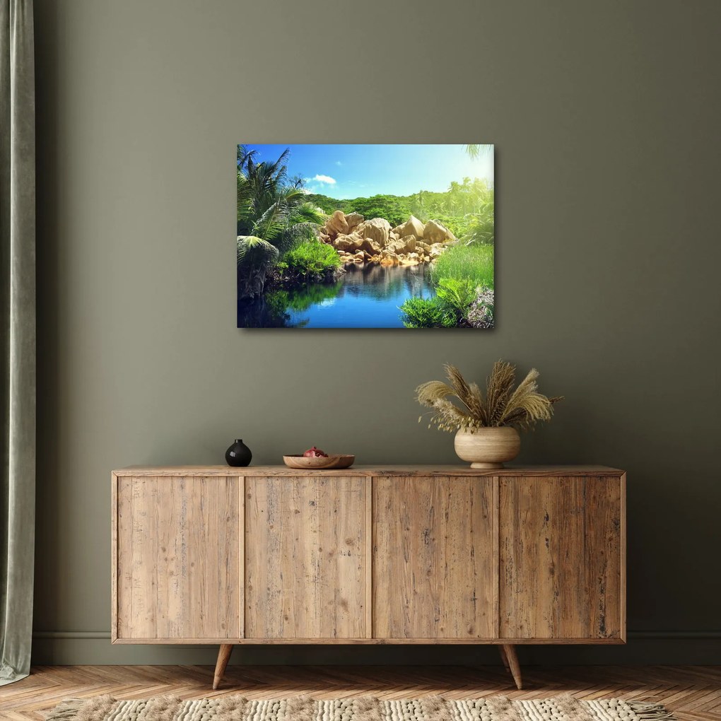 Tablou cu lac în jungla din Seychelles (70x50 cm)