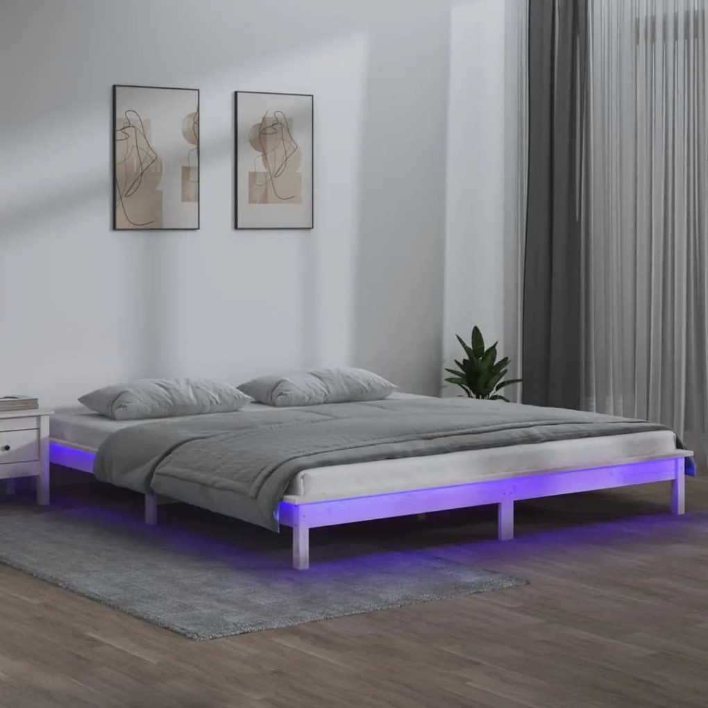 820622 vidaXL Cadru de pat LED Super King Size, alb, 180x200 cm, lemn masiv