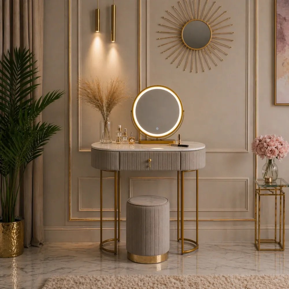 Set SARAH, Masă de toaletă pentru machiaj cu oglindă iluminată LED, control touch, sertar, taburet, 80x40x76 cm, Gri/Auriu