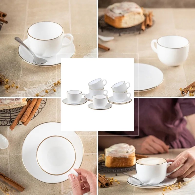 Set cesti si farfurioare pentru ceai Klausberg KH 1929, 12 piese, 210 ml, Opal, Alb/Auriu