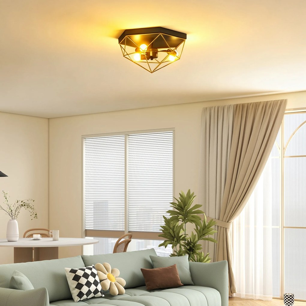 HOMCOM Lampă de Tavan Stil Industrial Geometrică cu 3 Suporturi E27 pentru Becuri LED, Negru și Auriu | Aosom Romania