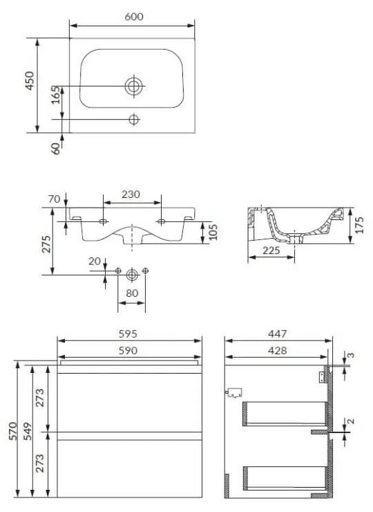 Dulap cu lavoar, 57x60x45 cm, 2 sertare, alb