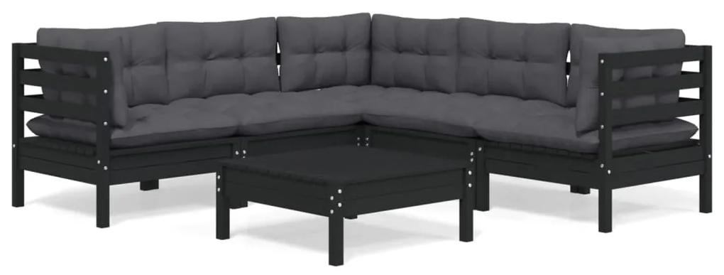 Set mobilier gradina cu perne, 6 piese, negru, lemn de pin Negru, 6