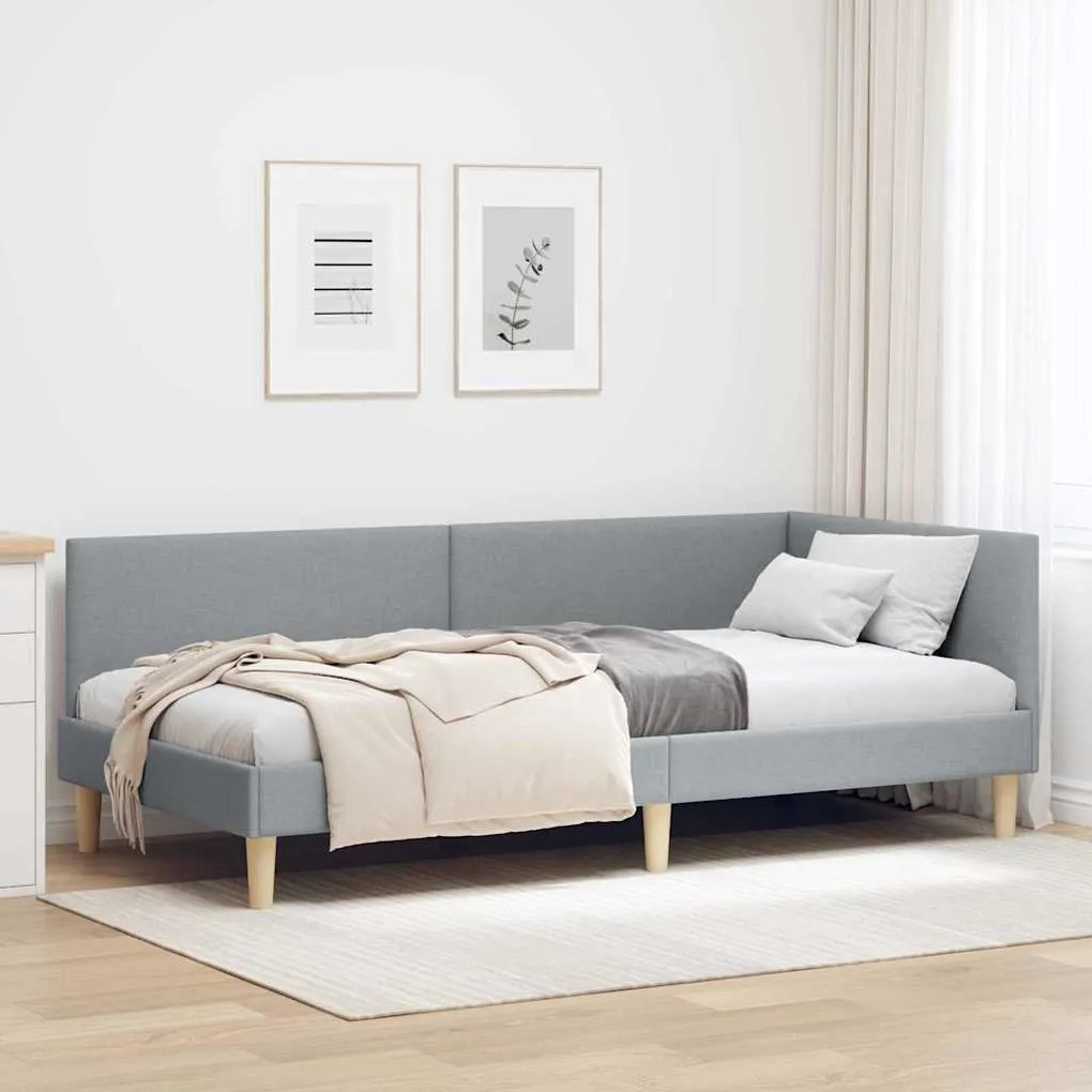 vidaXL Cadru de pat colțar cu headboard Gri deschis 90 cm x 200 cm