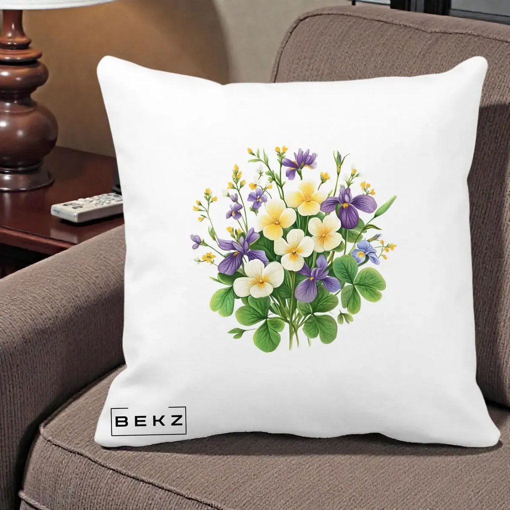 Perna Decorativa Viorele Iris Violet si Trifoi, 40x40 cm, Alba Mata, Husa Detasabila, Perna Inclusa, BEKZ®