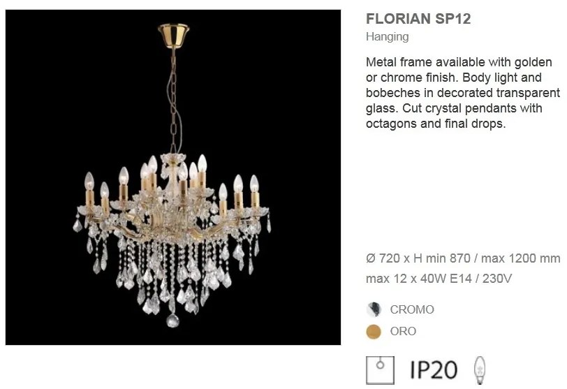 Candelabru 12 brate cristal Venezian FLORIAN SP12 ORO 035611