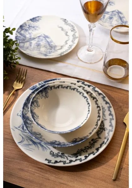 Set de veselă, 24 de piese, din porțelan, alb/albastru