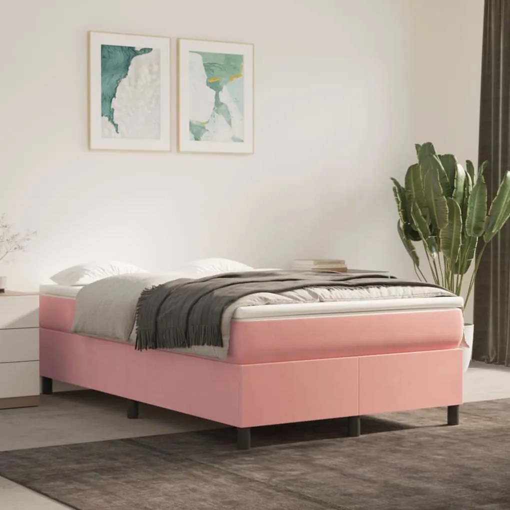 vidaXL Pat box spring cu saltea, roz, 120x200 cm, catifea
