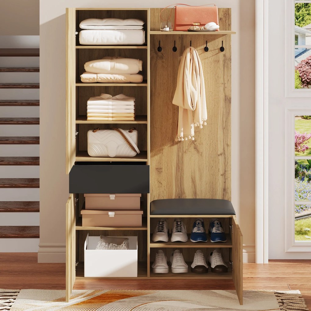 Set pentru garderobă cu 5 cârlige pentru haine, oglindă, dulap pentru pantofi și dulap încorporat, 98,5x38x191 cm, Culoare naturală
