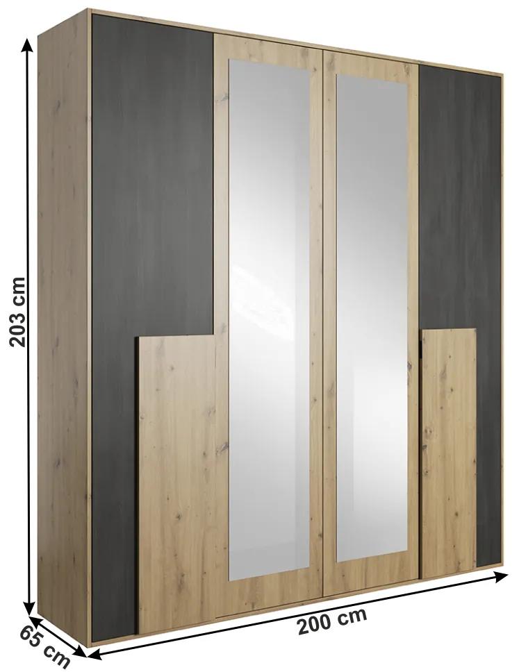 Set dormitor (pat + 2x noptiera + dulap), stejar artizan  pin norvegian negru, BAFRA