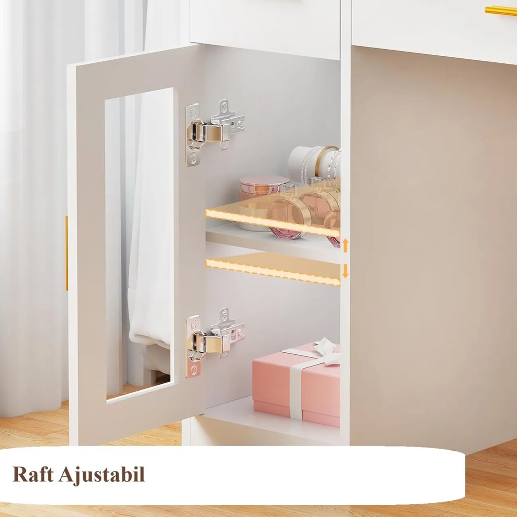 Masuta machiaj cu Oglinda LED si 3 Sertare pentru Cosmetice, Set Masa toaleta 110 cm, Alb, masuta cosmetica, vanity - SEA2