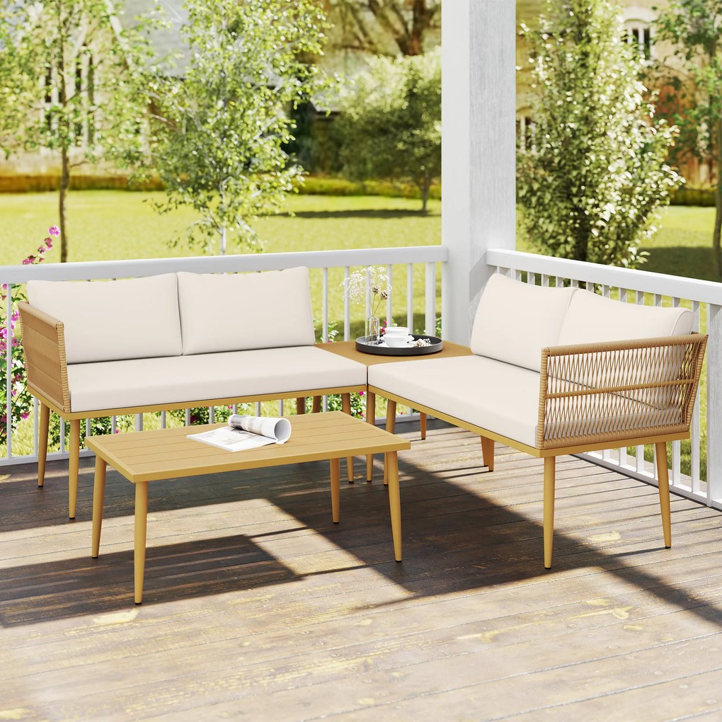 Outsunny Set Mobilier de Grădină din 4 Piese cu 2 Canapele și 2 Măsuțe de Cafea, 116x65x70 cm, Alb Crem | Aosom Romania