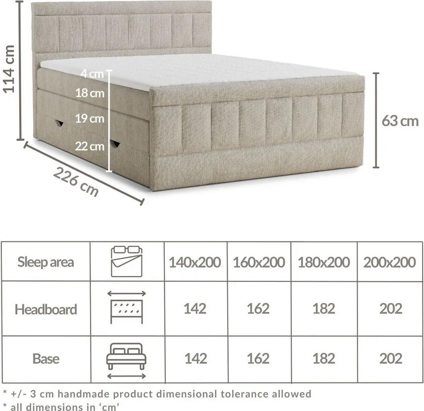 Pat boxspring gri cu spațiu de depozitare 200x200 cm Caya – Maison de Rêve