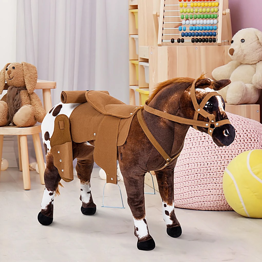 HOMCOM Cal de Pluș în Picior Efecte Sonore Nechezat și Galop Șa calapod frâu 85L x 28l x 60H Maro Alb | Aosom Romania