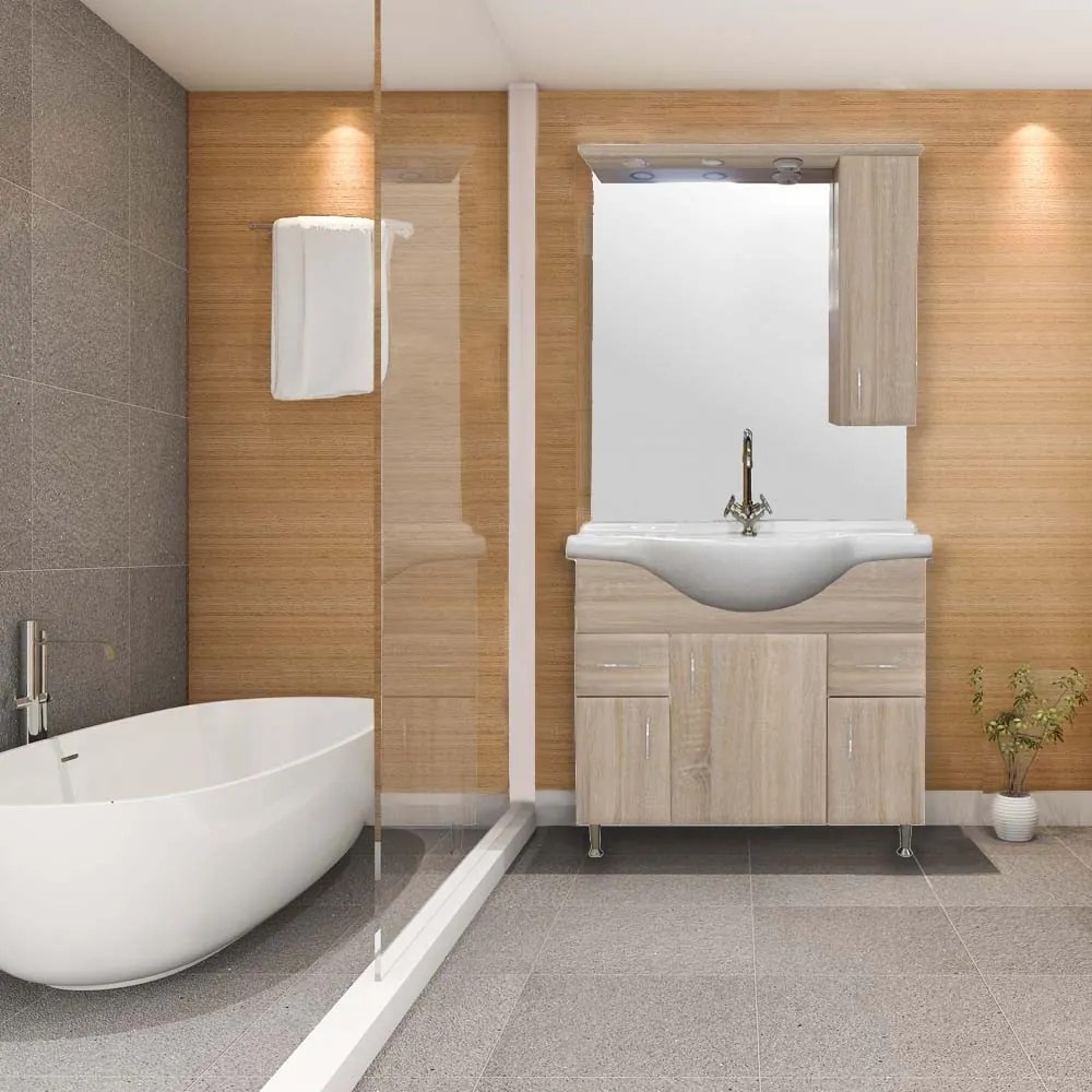 Mobilier complet de baie Bianca Plus 85, culoare stejar sonoma, deschidere pe dreapta