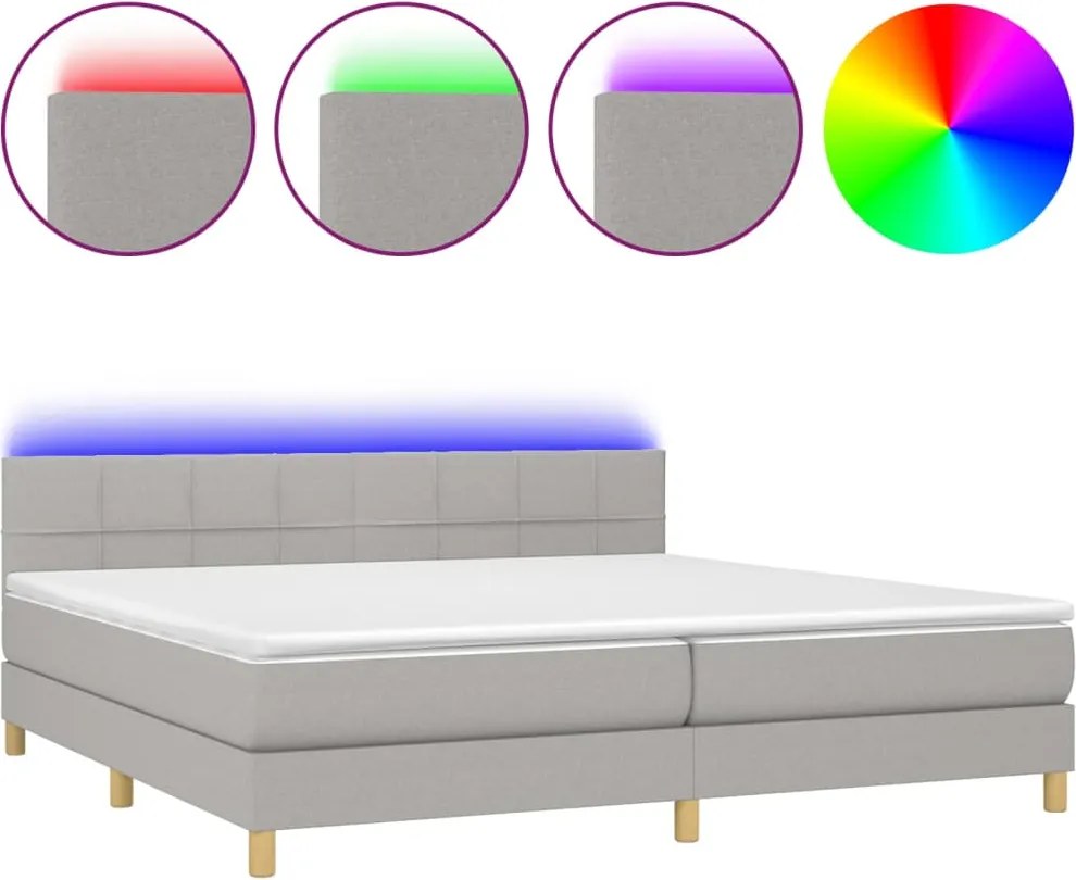 vidaXL Pat cu arcuri, saltea și LED, gri deschis, 200x200 cm, textil